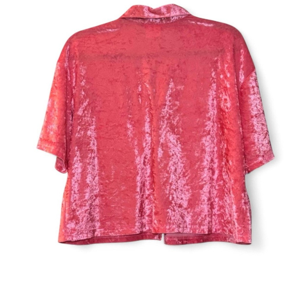 California Dynasty VTG 80s 90s Crushed Velour Hot Pink Button-Up Crop Top — L/XL - Picture 3 of 5